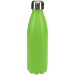 A drink bottle in vibrant green with a silver lid, featuring a sleek, contoured design and a logo.
