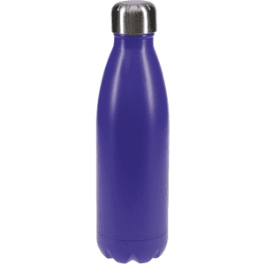 A drink bottle in vibrant purple with a stainless steel cap and a smooth, curved design. It features a logo.