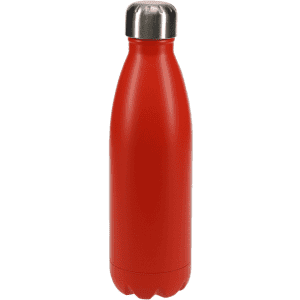 A drink bottle in vibrant red with a stainless steel cap, featuring a sleek, modern design and a branding logo.