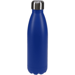 A drink bottle in a vibrant blue colour with a stainless steel cap and a smooth, streamlined design.