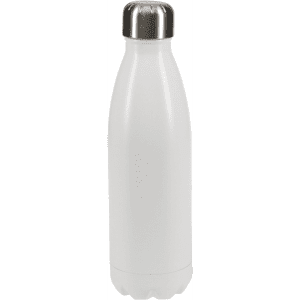 A drink bottle in sleek white with a stainless steel cap and a smooth, curved design.