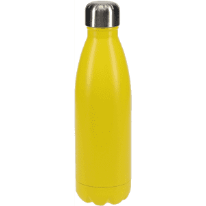 A drink bottle in bright yellow with a stainless steel cap, featuring a sleek, contoured design.