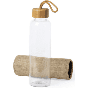 A drink bottle made of clear glass with a bamboo lid and a jute sleeve, featuring a hanging loop.