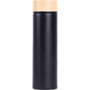 A drink bottle in black with a wooden lid, featuring a sleek and modern design.