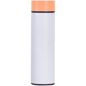 A drink bottle in white with an orange lid and a black bottom, featuring a branding logo.