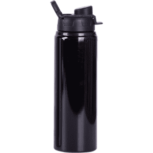 A drink bottle in black with a flip-top lid, featuring a streamlined design and a branded logo.