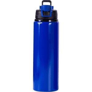 A drink bottle in a vibrant blue colour with a black, secure flip-top lid and a branding logo.
