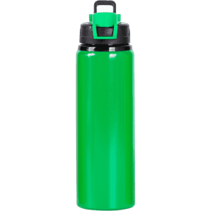 A green drink bottle with a black lid and handle, featuring a logo on the side.