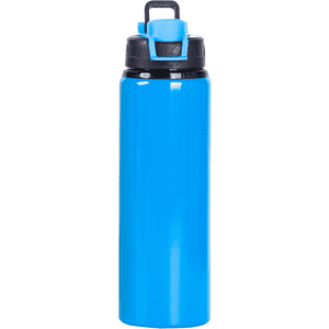 A drink bottle in bright blue with a black lid and a handle for easy carrying. It features a logo.