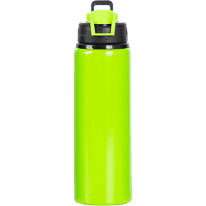 A drink bottle in bright green with a black lid and a built-in handle, featuring a logo.
