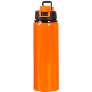 An orange drink bottle with a black lid and carrying handle, featuring a logo on the side.