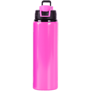 A drink bottle in vibrant pink with a black lid and a built-in handle, featuring a logo.