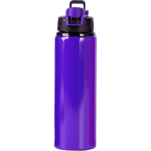 A drink bottle in a vibrant purple colour with a black lid and a handle for easy carrying.