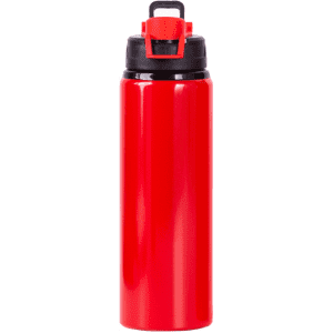 A drink bottle in bright red with a black lid and a logo on the side.