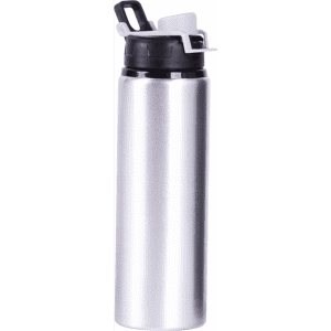 A drink bottle in silver with a black cap and spout, featuring a secure top and a logo.