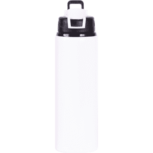 A drink bottle in white with a black lid and a built-in handle, featuring a logo on the side.