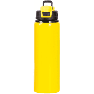 A drink bottle in bright yellow with a black lid and handle, featuring a logo.