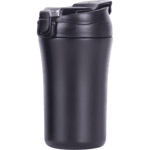 A black travel mug with a secure lid and ergonomic design, featuring a logo on the side.