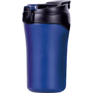A travel mug in deep blue with a black lid and a logo on the side.