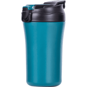 A drink bottle in teal with a black lid, featuring a secure opening mechanism. It has a logo on the side.