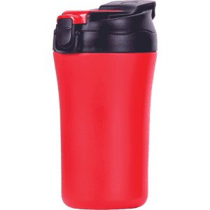 A travel mug in vibrant red with a black lid, featuring a logo on the front.