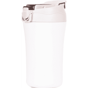 A drink bottle with a white body and a brown lid, featuring a secure flip-top design and a logo.