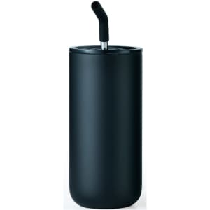 A drink bottle in matte black with a stainless steel straw and a sleek cylindrical design. It features a logo.