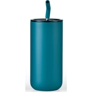 A drink bottle in teal with a black lid and a straw, featuring a sleek and modern design.