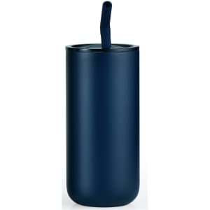 A drink bottle in navy blue with a straw and a sleek, modern design. It features a logo on its surface.