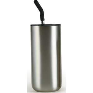 A drink bottle in a sleek silver finish with a black straw and a black lid, featuring a logo.