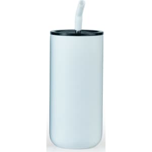 A drink bottle featuring a sleek white finish, a black lid, and a straw for easy sipping. It has a logo on the front.