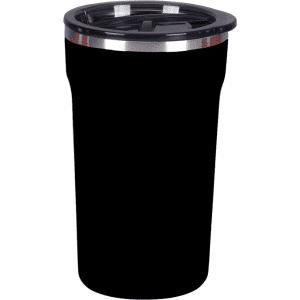 A drink bottle in matte black with a stainless steel rim and a black lid, featuring a logo.