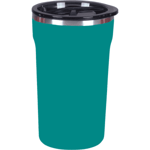 A teal coffee mug with a black lid and a stainless steel rim, featuring a branding logo.