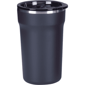 A coffee mug in dark grey with a black lid, featuring a sleek design and a logo.