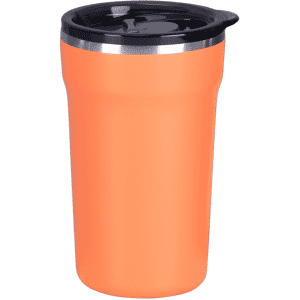 An orange coffee mug with a black lid and a sleek design, featuring a logo on the side.