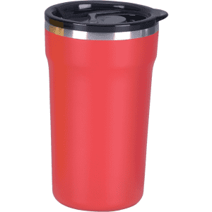 A red coffee mug featuring a black lid and a silver band around the top, designed for hot beverages.