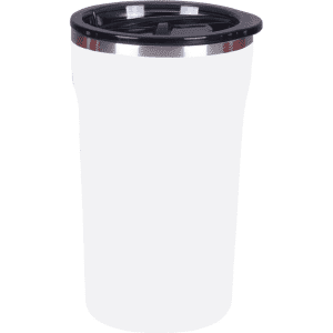 A white coffee mug with a black lid and stainless steel trim, featuring a logo.