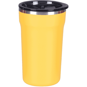 A coffee mug in vibrant yellow with a black lid and a stainless steel rim. Features a logo on its body.