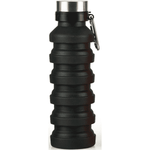 A drink bottle in black with a textured design and metallic cap, featuring a carabiner for attachment.