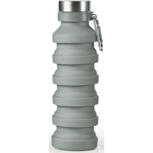A grey collapsible drink bottle with a stainless steel cap and a carabiner attachment.