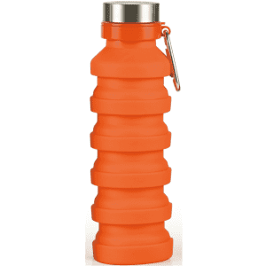 A drink bottle in bright orange silicone with a stainless steel cap and a built-in carabiner.