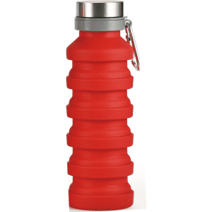 A drink bottle featuring a collapsible red silicone design with a stainless steel cap and a metal carabiner.