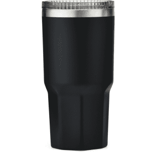 A drink bottle in matte black with a stainless steel rim, featuring a logo on its side.