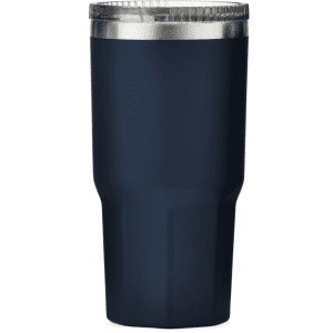 A drink bottle in navy blue with a stainless steel lid and a sleek, tapered design. It features a logo.