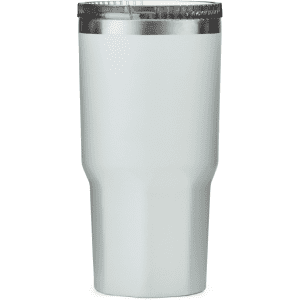 A drink bottle in white with a silver lid, featuring a tapered design and a logo.