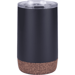A black drink bottle with a cork base and a clear lid, featuring a logo on the side.