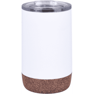 A white coffee mug with a cork bottom and a transparent lid, featuring a logo.