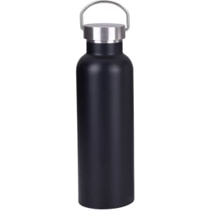 A drink bottle in matte black with a stainless steel lid and a metal handle. Features a simple, sleek design.
