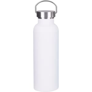 A drink bottle in white with a stainless steel lid and carry handle, featuring a logo.