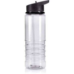 A drink bottle in clear plastic with a black lid and straw, featuring an embossed design along the body.